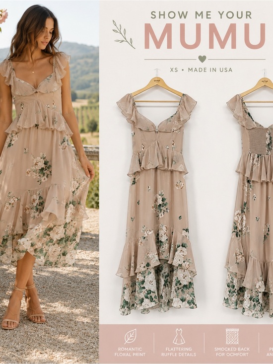 Show Me Your MuMu Dresses & Skirts - Show Me Your Mumu Floral Ruffle Midi Dress XS Beige Romantic Cottagecore